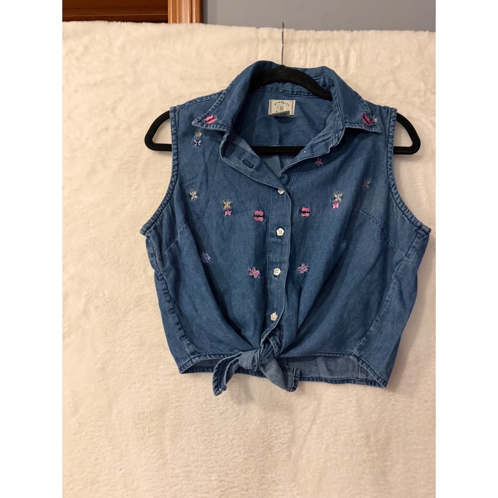 Wrangler Women Vintage Sleeveless Denim Butterfly Embroidered Tie Front Top‎ L